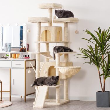 Hey-brother XL Котячий комплекс-будиночок, бежевий – велика котяча вежа з гамаками, кошиком, когтеточками, двома будиночками, м'якими полицями, стійкий і затишний центр для котів