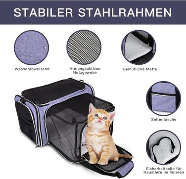 Сумка-переноска для котів та собак BAGLHER (фіолетова L 44x30x29 см) - для авіаперевезень, розширювана, м'яка, з флісовою підкладкою