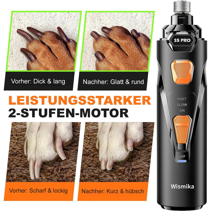 Електрична машинка для підстригання кігтів собак та котів: тиха, з LED-підсвіткою та 2 швидкостями | Перезаряджувана з 3 насадками та аксесуарами | Для безпечного догляду за кігтями