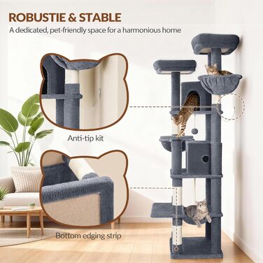 Драбина-кіготь для котів Kratzbaum Groß 216 см, XXL, стабільна з краш-стовпцями, 2 затишні будиночки, 2 платформи, 2 кошики, гамак, для дому, FPMS007FG1 (50x40x175 см, темно-сірий)