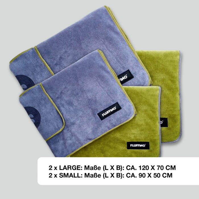 Набір рушників для собак 2 шт. - 90x50 см та 120x70 см - надзвичайно поглинаючі та м'які | Можна прати при 60°C, швидковисихаючі рушники з мікрофібри для собак маленьких та середніх порід, сірий та зелений колір