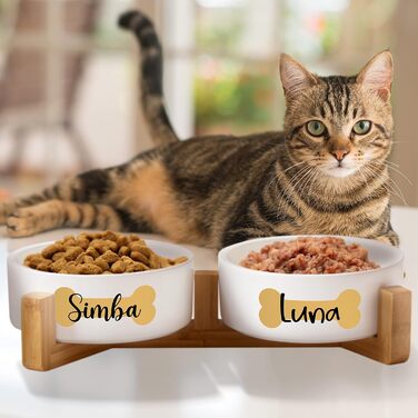 Керамічний двомісний набір мисок з іменем для собак та котів 'Кістка' - персоналізований набір мисок з/без підставки | Миска для собак, годівниця, миска для котів | Годівниця (2x500мл, стійка)