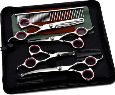 Набір професійних ножиць для собак з безпечним круглим наконечником, для грумінгу та стрижки шерсті. З набором для фінальної обробки. Підходить для собак та котів. Нержавіюча сталь, рожевий колір