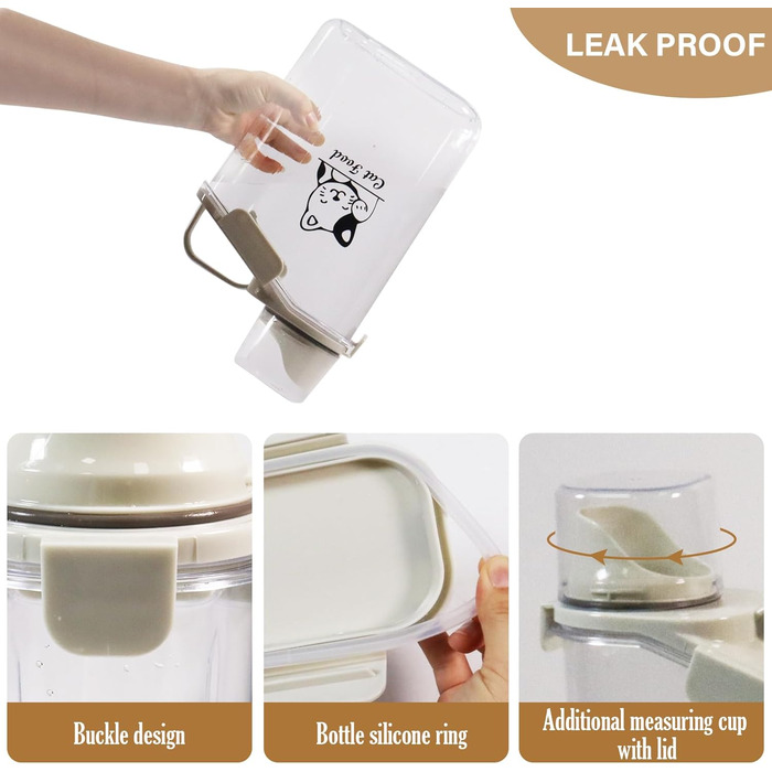 Контейнер для котячого корму 2.8L: герметична вантажниця для сухого корму з ручкою та мірним стаканчиком, BPA-free, прозора, для подорожей, 1391-Cat