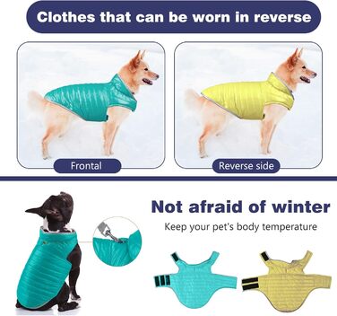 PETCUTE Зворотна куртка для собак, зимова, водонепроникна, для цуценят, з отвором для повідка, L, блакитний+жовтий