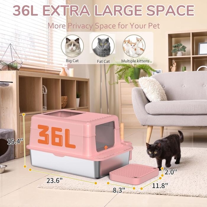 Котячий туалет з нержавіючої сталі з кришкою 60x40x39 см, 36 л, подвійний фільтр, совок, високий борт, закритий, легке очищення, рожевий