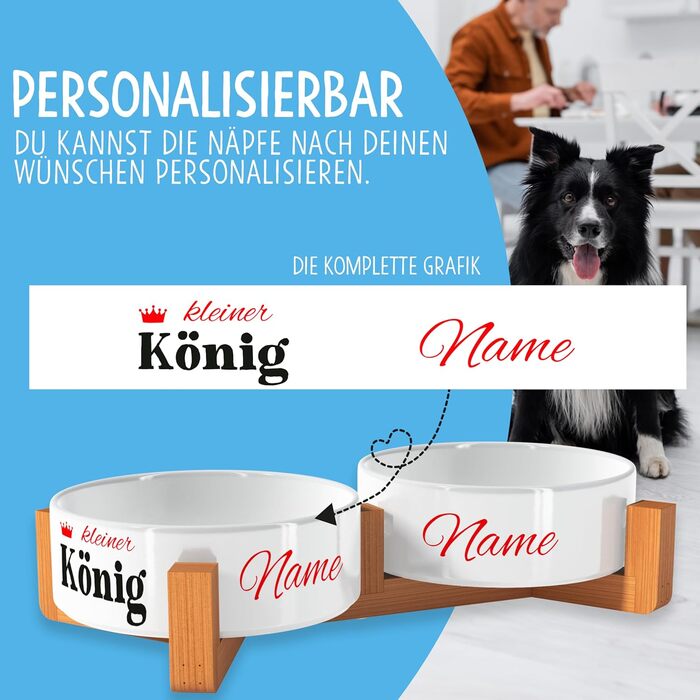 Персоналізована годівниця для собак OWLBOOK з іменем – подвійний миска з кераміки та бамбуковим каркасом, 300 мл