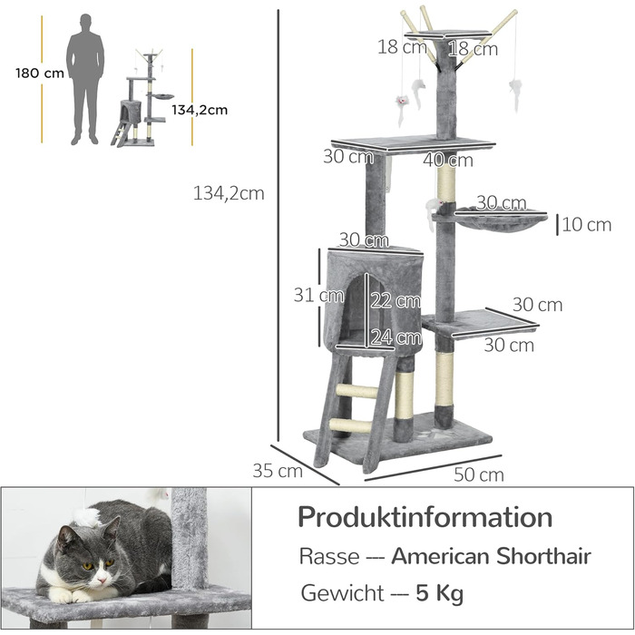 Кігтеточка PawHut для котів, 134,2 см, багатоярусна з печерою, 2 іграшки, сизаль, велика платформа, сходи, сірий+білий