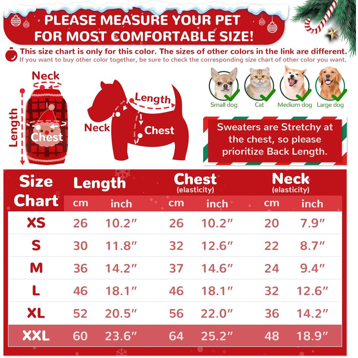 Теплий різдвяний светр для собак з отвором для язика, червоний в клітинку, олень, костюм для собак, підходить для малих, середніх та великих собак, котів, теплий осінньо-зимовий одяг, цуценят, одяг для собак, преміум якість, червоний в клітинку, олень (XX