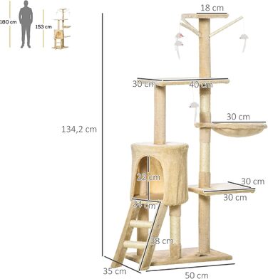 Кігтеточка PawHut для котів 134,2 см з будиночком, 2 іграшки, сизалова колона, велика платформа, сходи, багатоповерхова, для середніх котів, сірий+білий (бежевий+білий)
