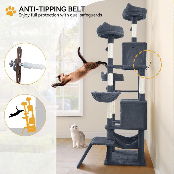 Кігтеточка YITAHOME 190 см, багатоярусна, з сизалю, з гамаком та лежаками, сіра – центр активності для котів