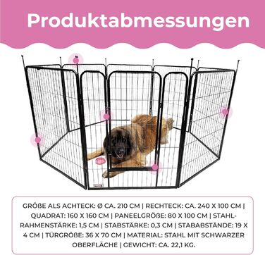MaxxPet вольєр для цуценят, металевий манеж для собак, загородження для дому та вулиці, складний, 8 панелей 100x80 см, чорний, Ø 210 см