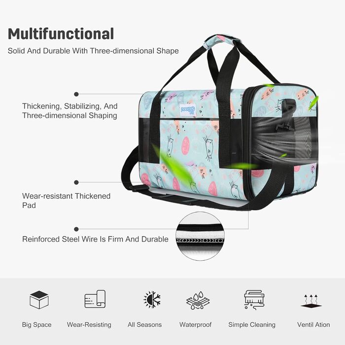 PETCUTE Транспортна сумка для котів та собак, складана переноска для тварин, з регульованим плечовим ременем, схвалена авіакомпаніями, дихаюча, знімний килимок, небесно-блакитний (M, світло-блакитний)