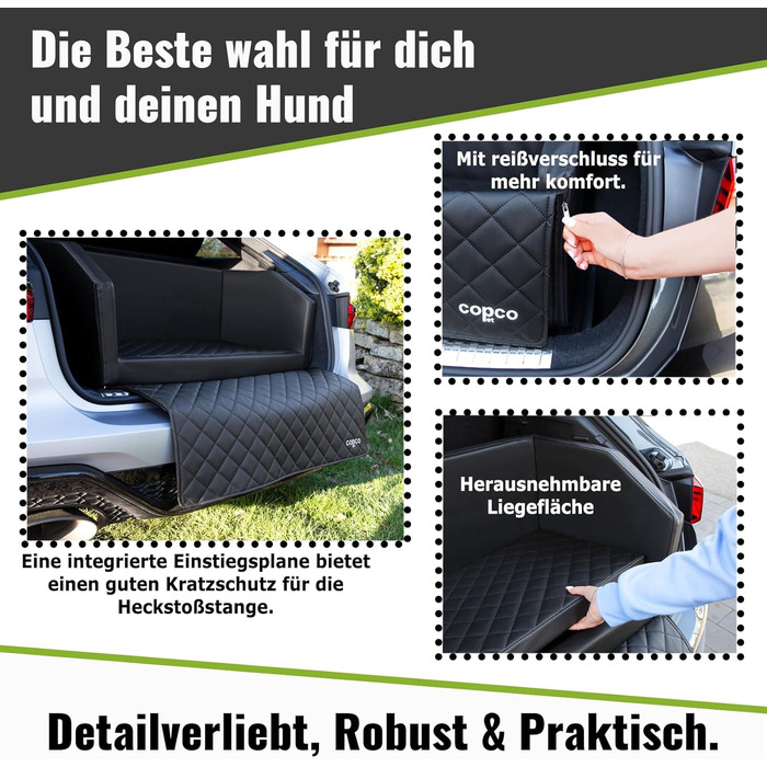 Автомобільне ліжко для собак CopcoPet - 70x55x38 см, штучна шкіра, захист багажника, водовідштовхувальне, стійке до подряпин, з захисним покриттям, колір мокка