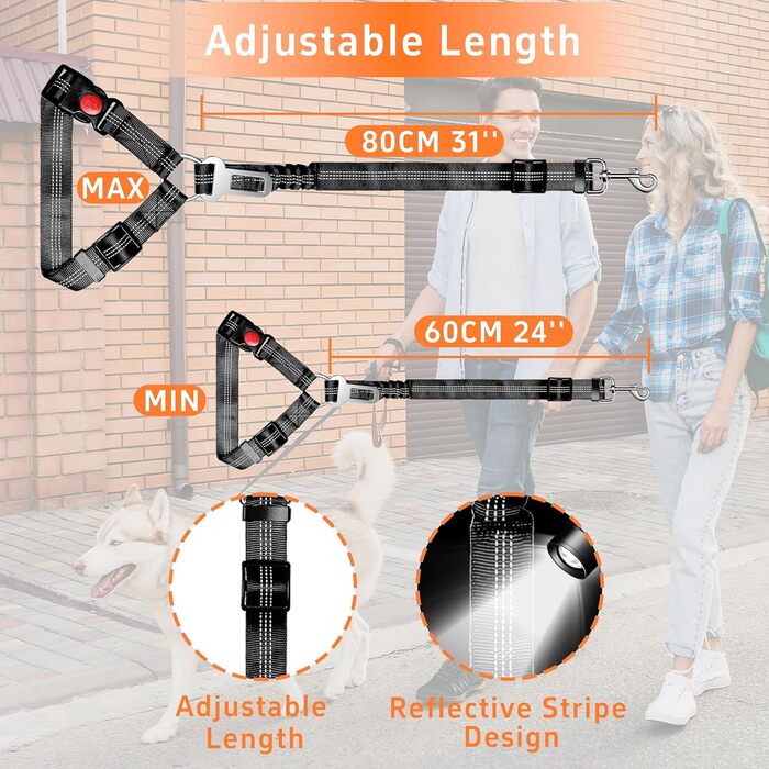 Регульований 3-в-1 нашийник для собак, стягуючий поводок з еластичним амортизатором, міцний, безпечний для автомобіля, фіксатор для собак
