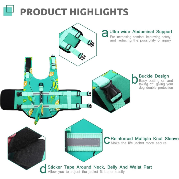Спасальний жилет для собак у вигляді акули, XL (1 шт.), зелено-лимонний, для водних розваг, з ручкою та світловідбиваючими елементами