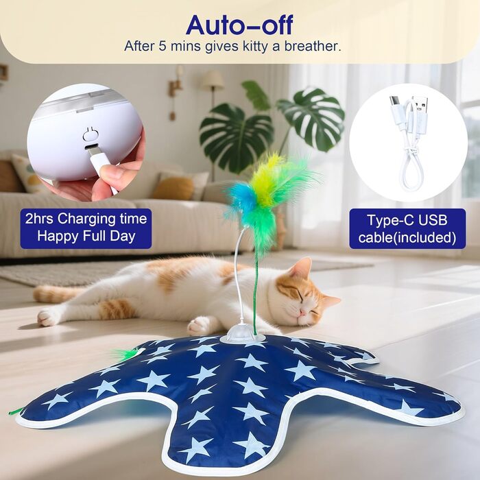 Інтерактивна іграшка для котів PUHOHUN: автоматична мишка з пір'ям, іграшка-палиця з пір'ям, синього кольору