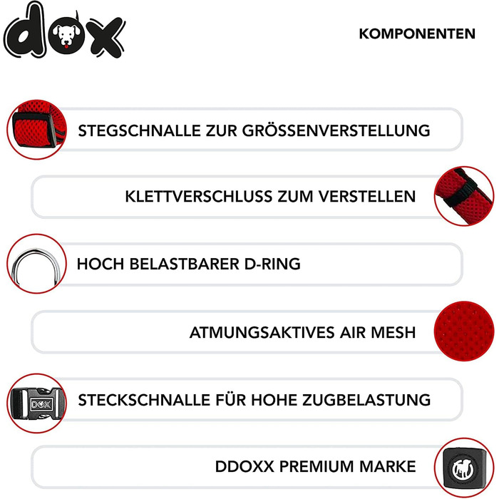 Регульована шлейка для собак і котів DDOXX Air Mesh, м'яка, червона, розмір M – прогулянкова амуніція для малих, середніх і великих порід