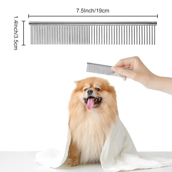 Гребінець для собак та котів, нержавіюча сталь, заокруглені зубці, 19 x 3,5 см (сріблястий)