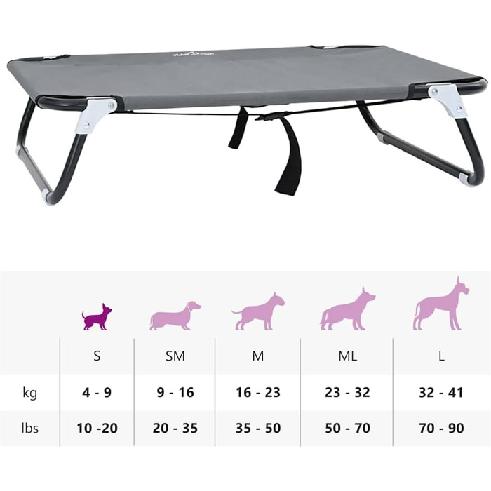 Складане ліжко для собак середніх порід від vidaXL – метал та тканина | Зручне підняте ліжко для дому та вулиці, довговічні меблі для тварин, сучасний дизайн (70 x 46 x 18 см, світло-сірий)