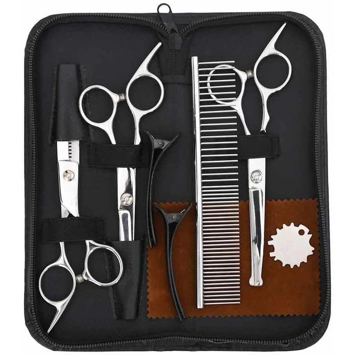 Набір професійних ножиць для грумінгу собак з нержавіючої сталі (7 шт.) - ножиці, гребінець, аксесуари. Довговічний та щадний до шерсті та шкіри