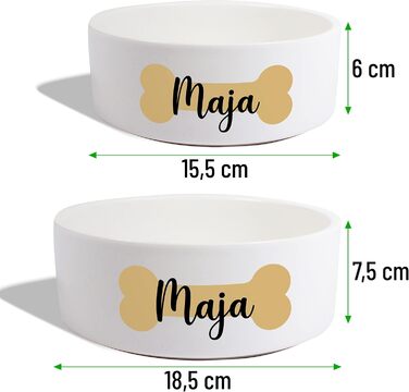 Керамічний двомісний набір мисок з іменем для собак та котів 'Кістка' - персоналізований набір мисок з/без підставки | Миска для собак, миска для котів, годівниця | 2x 500 мл
