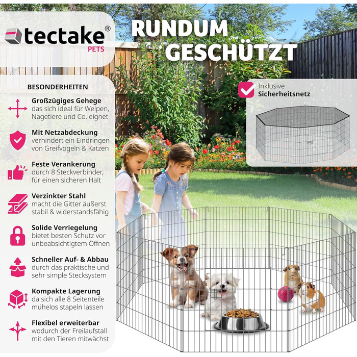 Вольєр Tectake® з захисним сітком, секційна огорожа, розкладна та розширювана, для дрібних тварин, кроликів, як загородження для собак, собачий вольєр, для цуценят, вольєр для кроликів, вуличний вольєр, діаметр 145 см, чорний
