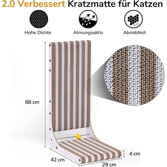 Котячий когтеточка FUKUMARU L-подібної форми, 68 см, з візерунком смуг, з іграшкою, для стіни та кута, з міцного картону