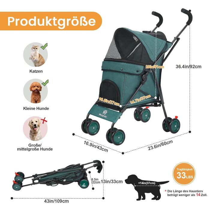 Візок для собак Regenschirm Hundebuggy для маленьких собак 10-9 кг, складний, легкий (4,1 кг), з подвійним ременем на плечі, кошиком для зберігання, тримачем для напоїв, темно-зелений