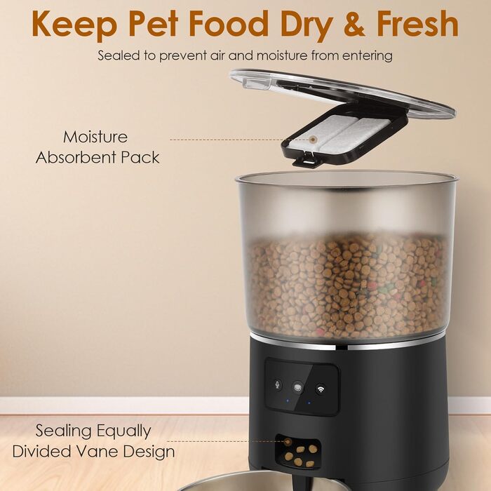 Автоматичний кормушка для котів з Wi-Fi, 4L, з нержавіючою чашею, програмування до 10 прийомів їжі на день, керування через додаток