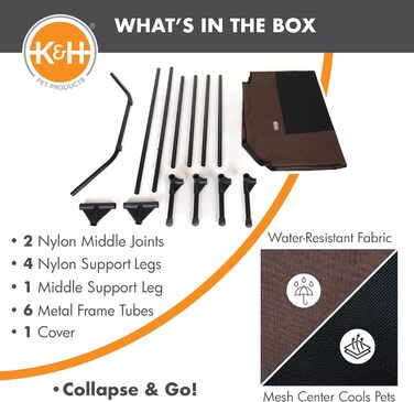 Охолоджуване собаче ліжко K&H Pet Products з піднятим бортиком для вулиці, з дихаючою сіткою, неслизькими гумовими ніжками, портативне (Шоколад/Чорна сітка, L 142 x B 97 x H 23 см)