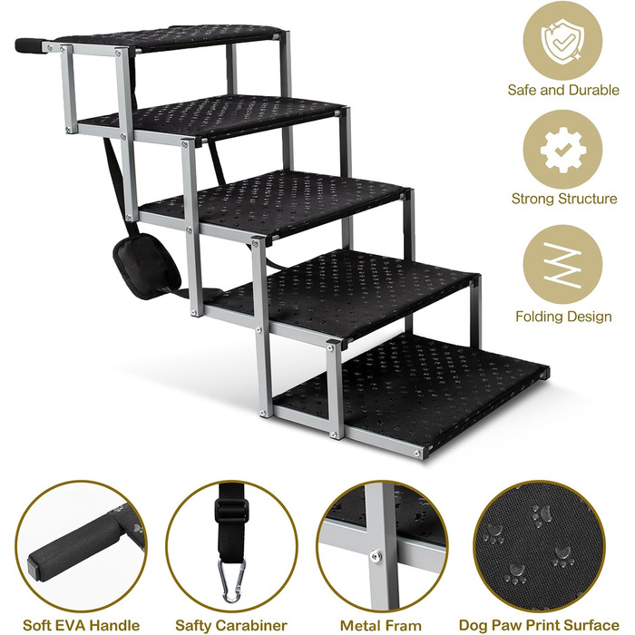 Сходинка для собак у машину – широка, складна, з антиковзким покриттям, для авто, SUV, вантажівок, витримує до 113 кг, 5 сходинок, срібна