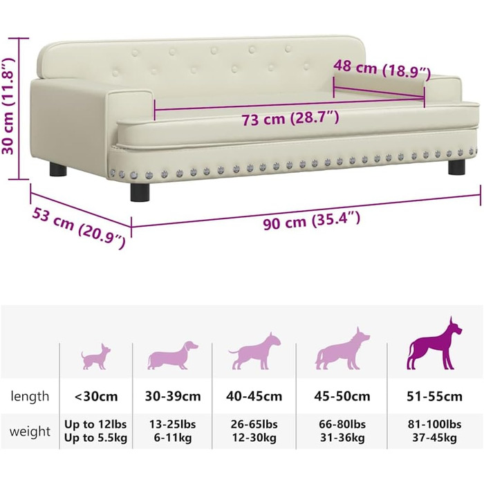 Крісло-ліжко для собак, м'яке ліжко для тварин, лежанка для собак та котів, штучна шкіра, 90 x 53 x 30 см, кремовий колір