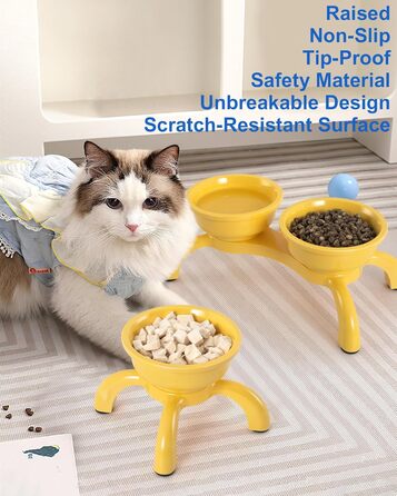 Набір мисок для котів з підняттям 2 шт. - Незламні миски для котів, автоматичне годування з меламіну, миється в посудомийній машині, широка основа з протиковзкими ніжками, миски, зручні для вусів, жовті Double