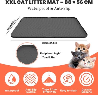 Килимок для котячого туалету Silikon Katzenklo Matte XXL 88x56 см, чорний – водовідштовхувальний, антиковзкий, легко чиститься, для багатоквартирних домівок