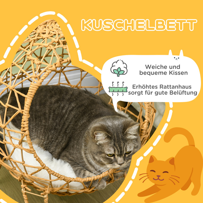 Кігтечка Pawhut з ротангу для котів: будиночок-печера, хатинка, ліжко для котів з подушкою, піднятий дизайн, лежанка для домашніх тварин, коричнева, Ø45 x 57H см