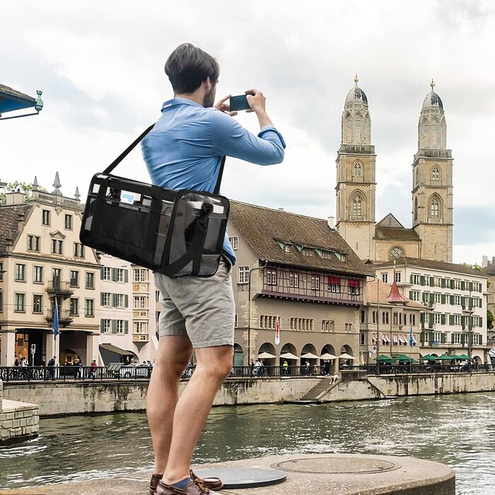 PETCUTE Транспортна сумка для котів та собак, складана, з плечовим ременем, схвалена авіакомпаніями, дихаюча, знімний мат, синій (M, Чорний)