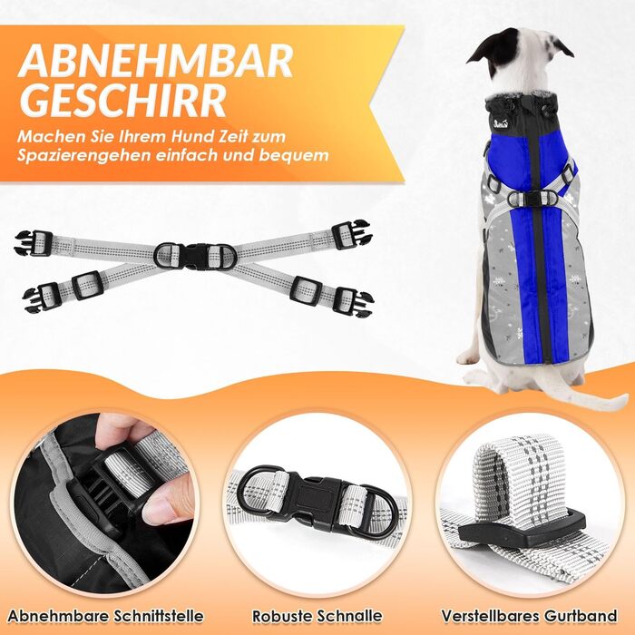 Зимовий теплий одяг для собак: водонепроникна флісова куртка з кріпленням для повідка. Підходить для собак маленьких, середніх та великих порід (XS, Синій)