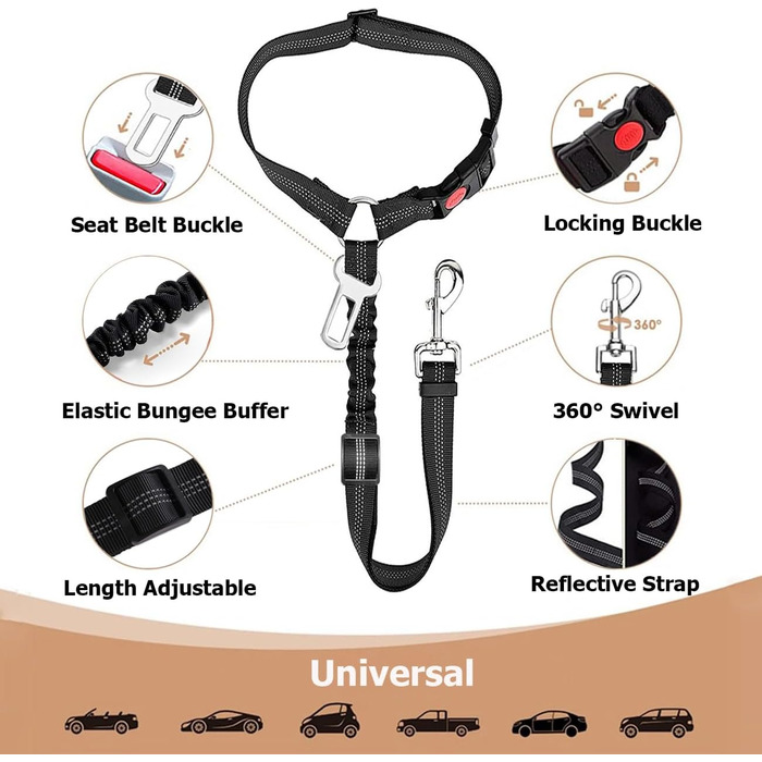 Авторемні для собак, 2 шт., регульовані, безпечні повідки, автокріплення для тварин, котів, собак (з покращеною чорною версією з безпечною застібкою, 1 шт.)