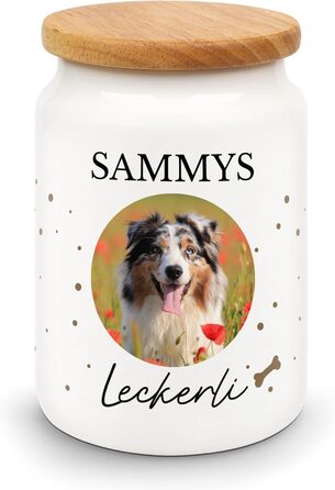 Керамічна банка для ласощів з дерев'яною кришкою - персоналізована з фото та ім'ям - для собак, котів та інших домашніх тварин. Чудова ідея для подарунка
