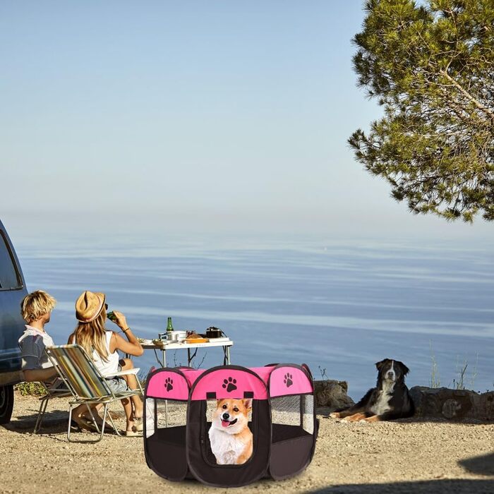 Клітка-забіг для собак і цуценят, складана, 73x73x43 см (рожевий+чорний)