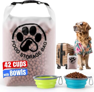 Контейнер для корму для тварин на 25 порцій з 2 складними мисками для подорожей – прозорий, з надійним роликовим закриттям, зберігає сухий корм свіжим для кемпінгу (42 чашки з мискою)