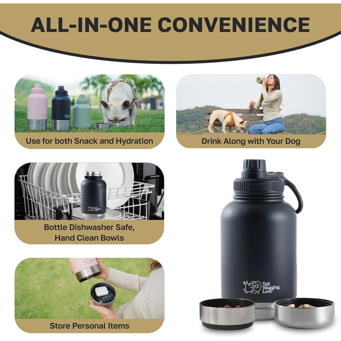 Водяна пляшка для собак Tail Wagging 3-в-1 з двома мисками, 907.2 г, нержавіюча сталь, ізольована, для подорожей