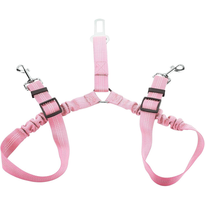 Ремінь безпеки для собак у машину, подвійний, еластичний, регульований, з амортизатором та карабіном для маленьких та середніх собак (рожевий)