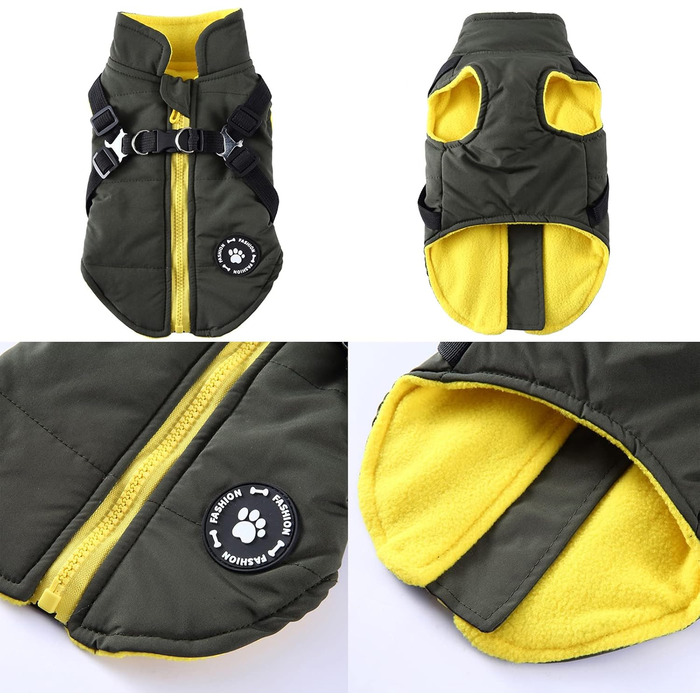 Зимова куртка для собак 2 в 1 з шлейкою, тепла куртка для цуценят та собак маленьких та середніх порід, зелена. Розміри: S (34 см), XL (49 см)