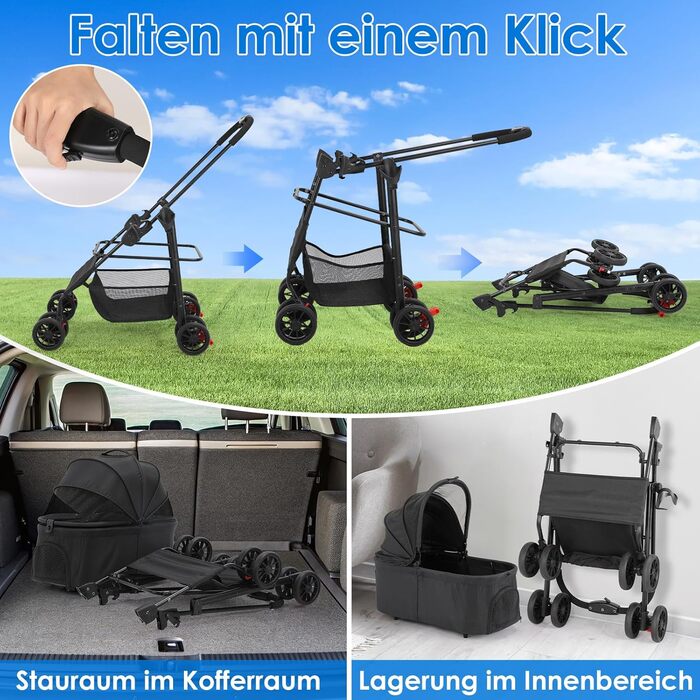 Візок для собак Mamizo 3-в-1, до 30 кг, з сумкою, для малих/середніх собак і котів, чорний, тканина Леїнен