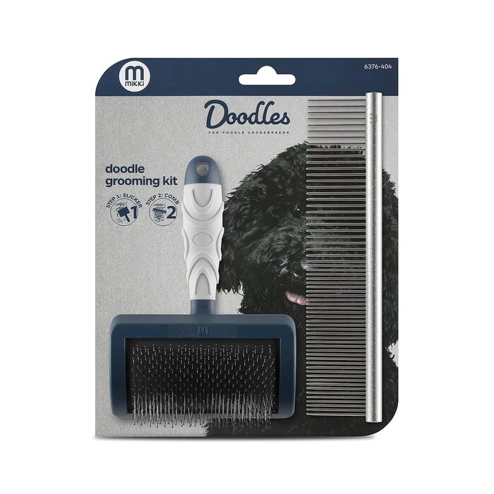 Набір для догляду за шерстю собак та цуценят Mikki: гребінець зі сталі та щітка Slicker з жорстким ворсом. Підходить для порід: пуделів, кокапу, лабрадуділів, кавапу, мальтипу та голден дуділів.