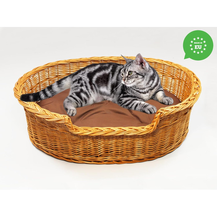 Плетене ліжко для собак та котів з ротангу, розмір 43x28x10/14 см, з подушкою 75x54x21 см (колір коричневий)