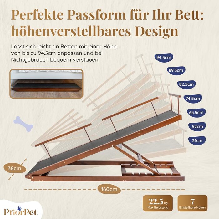 Сходинки для собак PRIORPET з берези з захисним бар'єром - регульована висота до 94.5 см - складаються - антиковзке покриття - для собак до 23 кг - колір: горіх