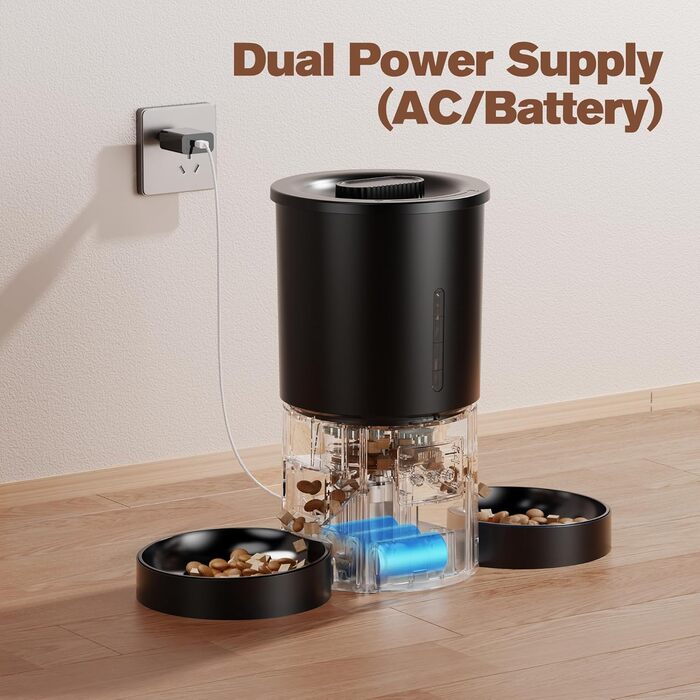 Автоматичний годівниця для котів AONBOY з двома мисками та Wi-Fi: 5L, таймер, для сухого корму, чорна